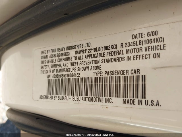 2001 SUBARU LEGACY WAGON OUTBACK W/RB EQUIP VIN: 4S3BH665316604132