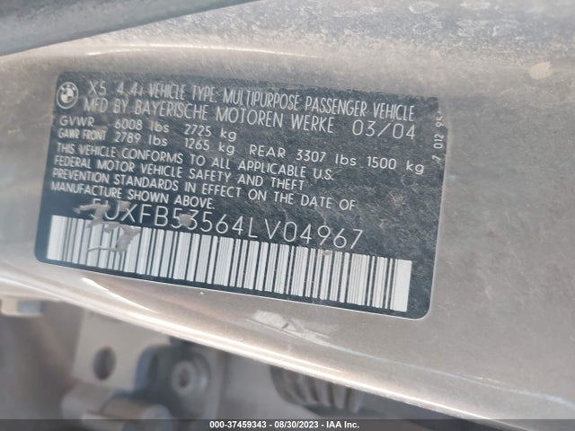 2004 BMW X5 4.4I VIN: 5UXFB53564LV04967