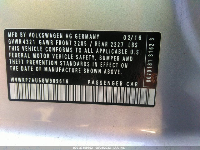 WVWKP7AU5GW909616 Volkswagen E-golf Se