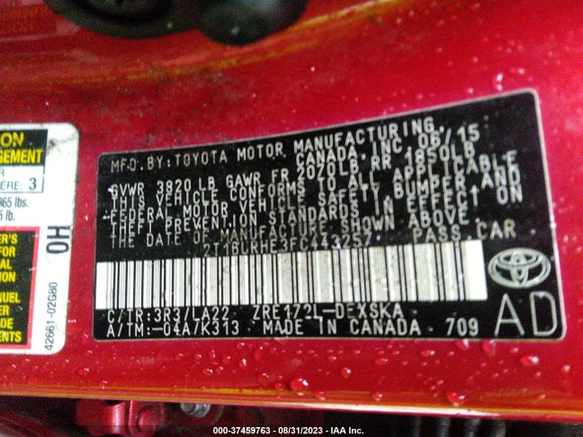 2015 TOYOTA COROLLA L/LE/S/S PLUS/LE PLUS VIN: 2T1BURHE3FC443257