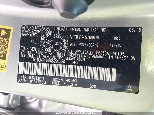Toyota Highlander Xle 2016 5TDJKRFH9GS290536 Image 9