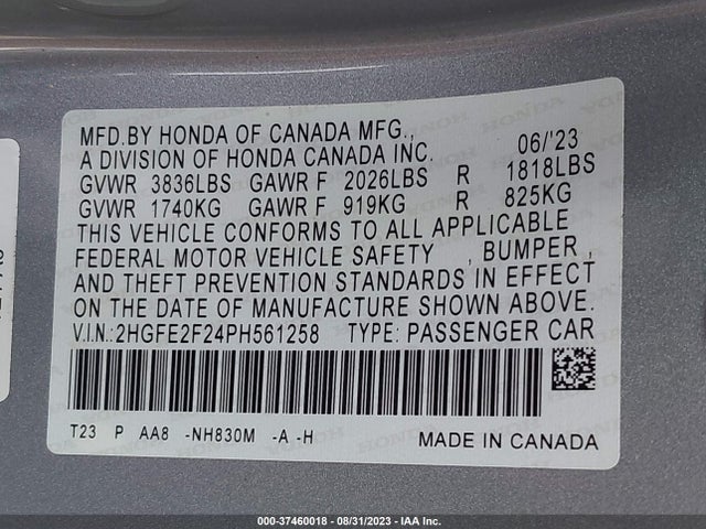 2023 HONDA CIVIC SEDAN LX VIN: 2HGFE2F24PH561258