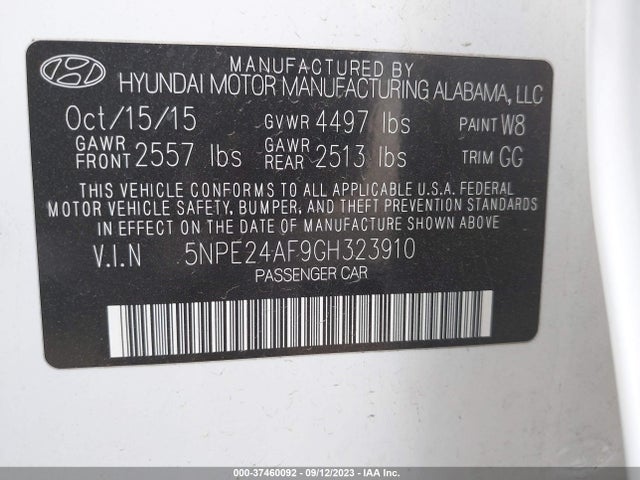 Hyundai Sonata 2.4l Se 2016 5NPE24AF9GH323910 Image 9