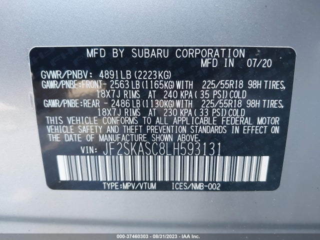 2020 SUBARU FORESTER LIMITED VIN: JF2SKASC8LH593131