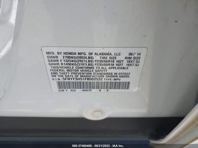 Honda Pilot Ex-l 2015 5FNYF3H51FB002532 Image 9