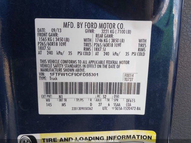 2013 FORD F-150 XL/XLT/FX2/LARIAT VIN: 1FTFW1CF9DFD55301
