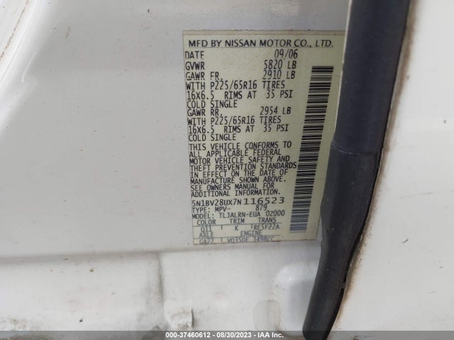 2007 NISSAN QUEST BASE VIN: 5N1BV28UX7N116523