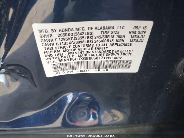 Honda PILOT LX 2016 5FNYF6H1XGB005817 Image 9