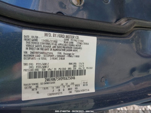 2009 MERCURY GRAND MARQUIS LS VIN: 2MEHM75V09X625046