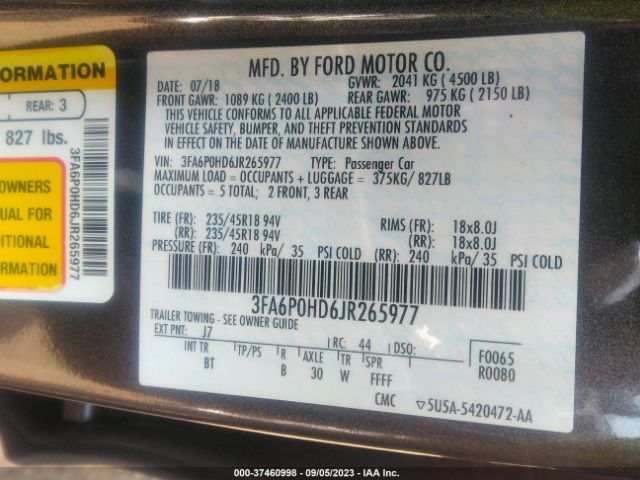 3FA6P0HD6JR265977 Ford FUSION SE