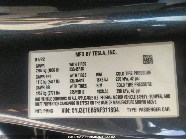 Tesla Model 3 Long Range 2022 5YJ3E1EB5NF311804 Image 9