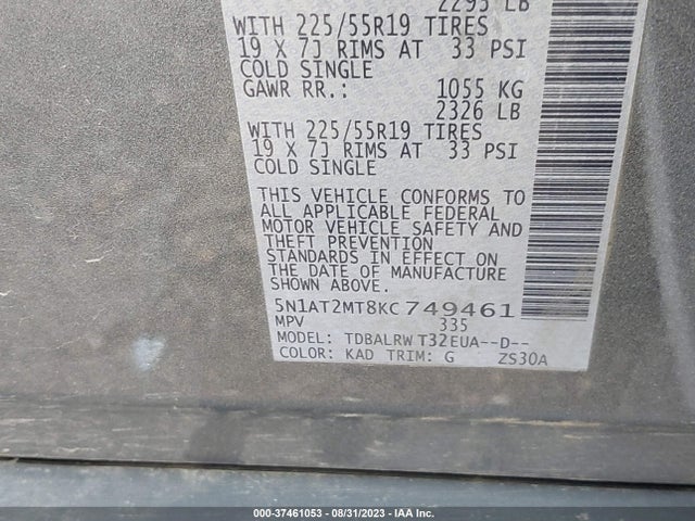 2019 NISSAN ROGUE SL VIN: 5N1AT2MT8KC749461
