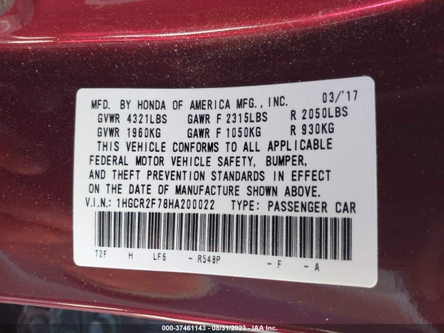 Honda ACCORD EX 2017 1HGCR2F78HA200022 Image 9
