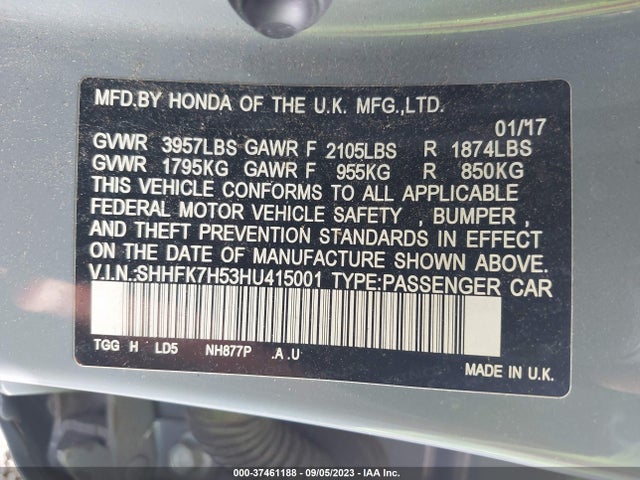 Honda Civic Hatchback Ex 2017 SHHFK7H53HU415001 Image 9