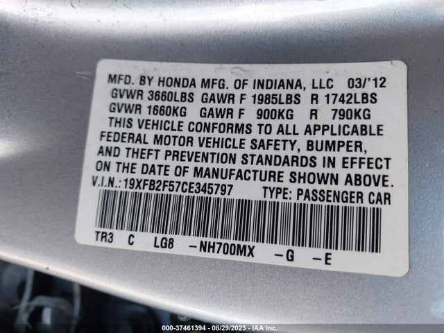 2012 HONDA CIVIC SDN LX VIN: 19XFB2F57CE345797