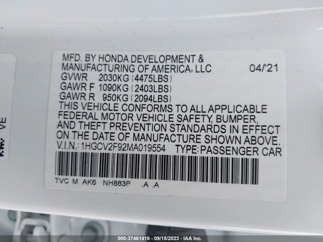 2021 HONDA ACCORD SEDAN TOURING VIN: 1HGCV2F92MA019554