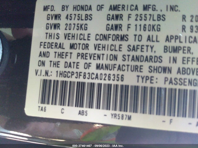 2012 HONDA ACCORD SDN EX-L VIN: 1HGCP3F83CA026356
