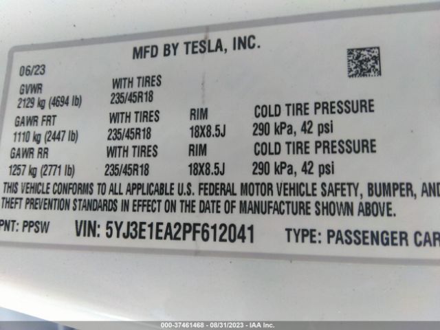 5YJ3E1EA2PF612041 Tesla MODEL 3