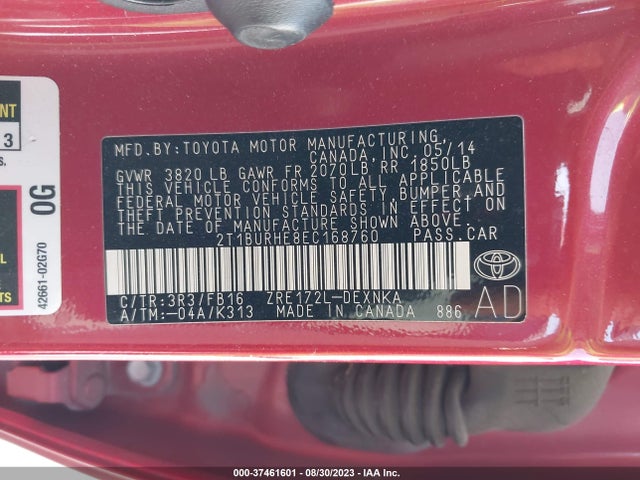 2014 TOYOTA COROLLA L/LE/S/S PLUS/LE PLUS VIN: 2T1BURHE8EC168760