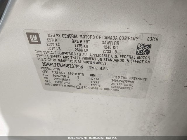 Chevrolet EQUINOX LT 2016 2GNFLFEK6G6287898 Image 9