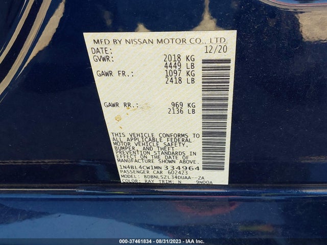 2021 NISSAN ALTIMA 2.5 SR VIN: 1N4BL4CW1MN334964