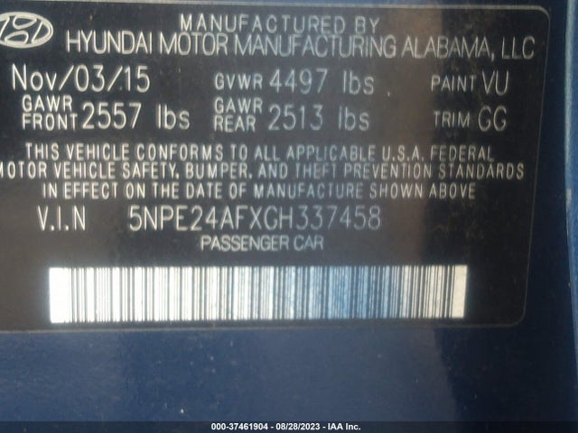 2016 HYUNDAI SONATA 2.4L SE VIN: 5NPE24AFXGH337458