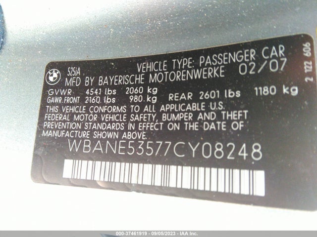 2007 BMW 5 SERIES 525I VIN: WBANE53577CY08248