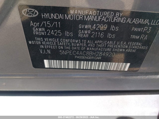2011 HYUNDAI SONATA SE VIN: 5NPEC4AC8BH284920