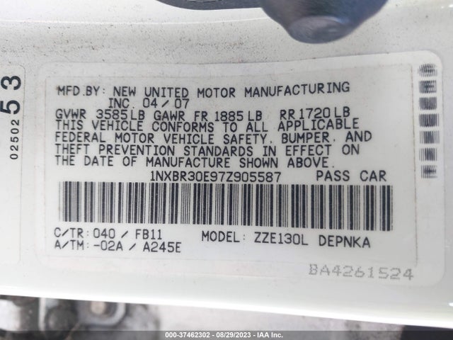 2007 TOYOTA COROLLA LE VIN: 1NXBR30E97Z905587