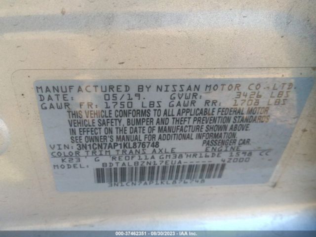 3N1CN7AP1KL876748 Nissan Versa Sedan Sv