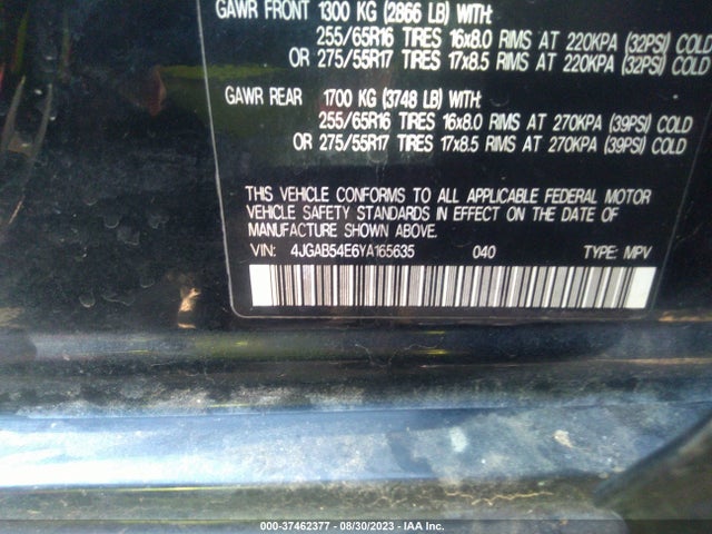 2000 MERCEDES-BENZ M-CLASS VIN: 4JGAB54E6YA165635