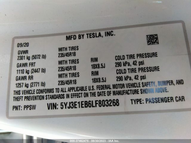 5YJ3E1EB6LF803268 Tesla Model 3 Long Range