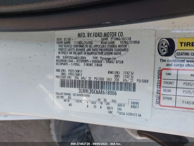 2010 LINCOLN MKZ VIN: 3LNHL2GC6AR618006