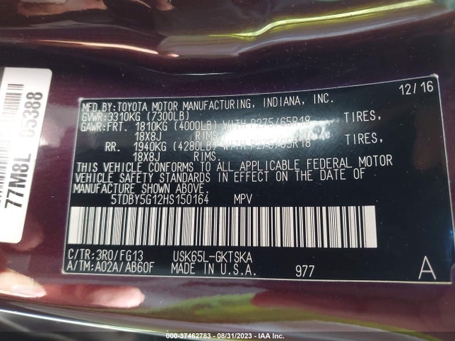 Toyota Sequoia Sr5 2017 5TDBY5G12HS150164 Image 9