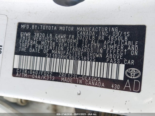 2016 TOYOTA COROLLA L/LE/S/S PLUS/LE PLUS VIN: 2T1BURHE8GC518925