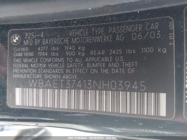 2003 BMW 3 SERIES 325I VIN: WBAET37413NH03945