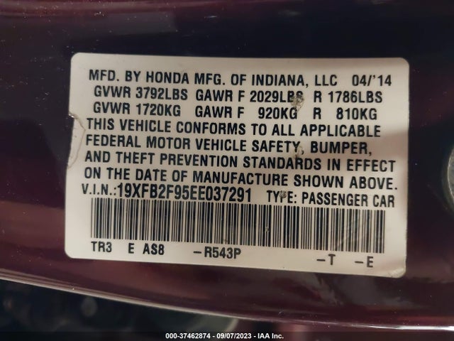 2014 HONDA CIVIC EX-L VIN: 19XFB2F95EE037291