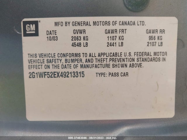 2004 CHEVROLET IMPALA VIN: 2G1WF52EX49213315