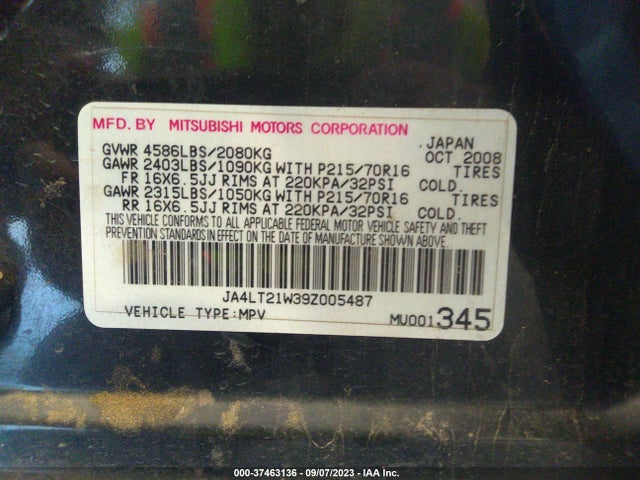 2009 MITSUBISHI OUTLANDER ES VIN: JA4LT21W39Z005487