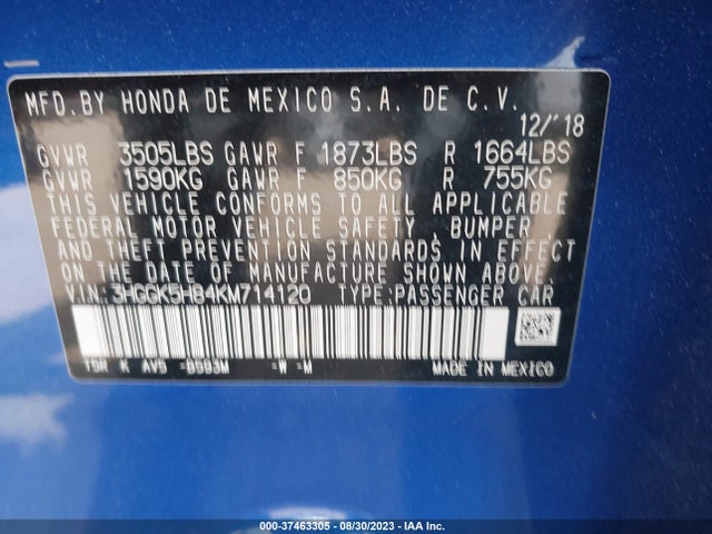 2019 HONDA FIT EX VIN: 3HGGK5H84KM714120