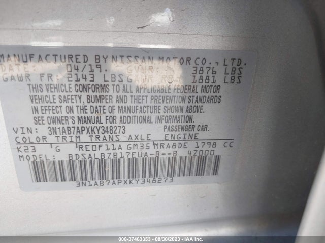 Nissan SENTRA S 2019 3N1AB7APXKY348273 Image 9