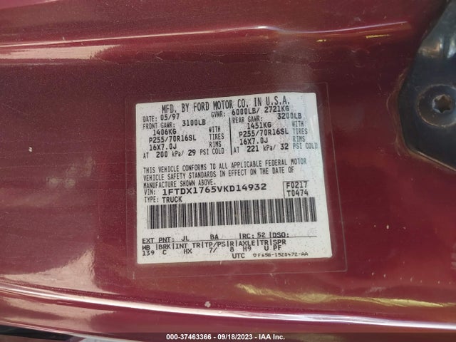 1997 FORD F-150 VIN: 1FTDX1765VKD14932