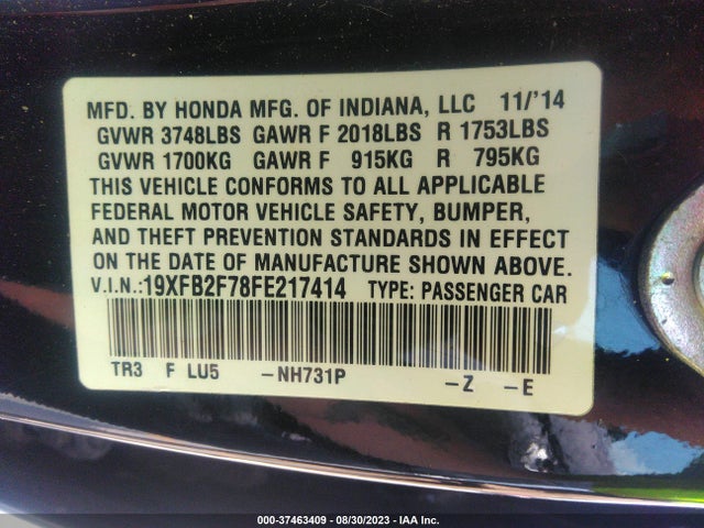 Honda CIVIC SE 2015 19XFB2F78FE217414 Image 9