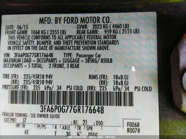 2016 FORD FUSION S VIN: 3FA6P0G77GR176648
