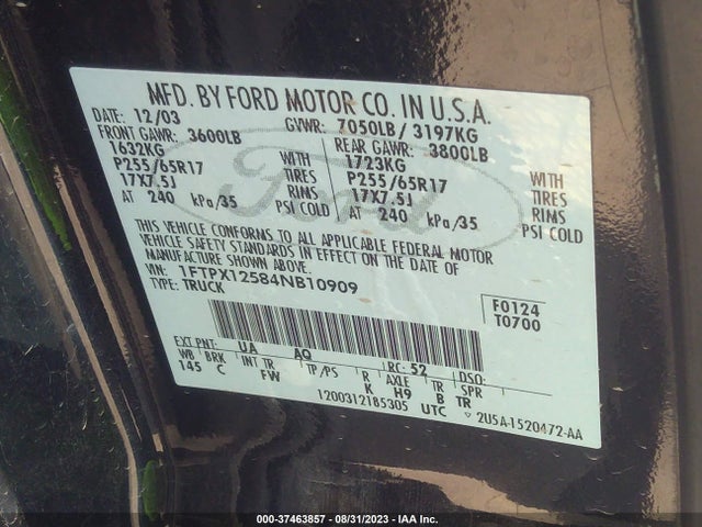 2004 FORD F-150 XL/XLT/LARIAT VIN: 1FTPX12584NB10909