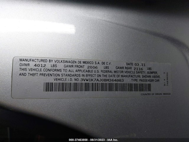 2011 VOLKSWAGEN JETTA SEDAN S VIN: 3VW1K7AJ0BM364883