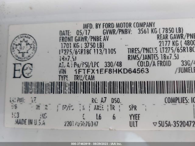 1FTFX1EF8HKD64563 Ford F-150 Xl/xlt/lariat