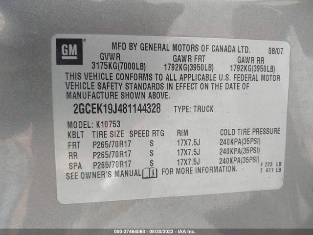 2008 CHEVROLET SILVERADO 1500 LT W/1LT VIN: 2GCEK19J481144328