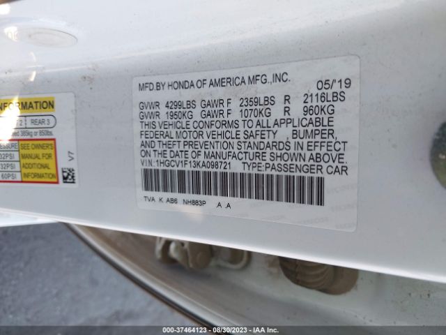 1HGCV1F13KA098721 Honda Accord Sedan Lx 1.5t