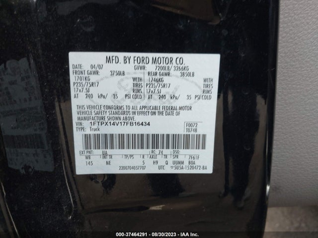 2007 FORD F-150 XLT/FX4/LARIAT/XL VIN: 1FTPX14V17FB16434